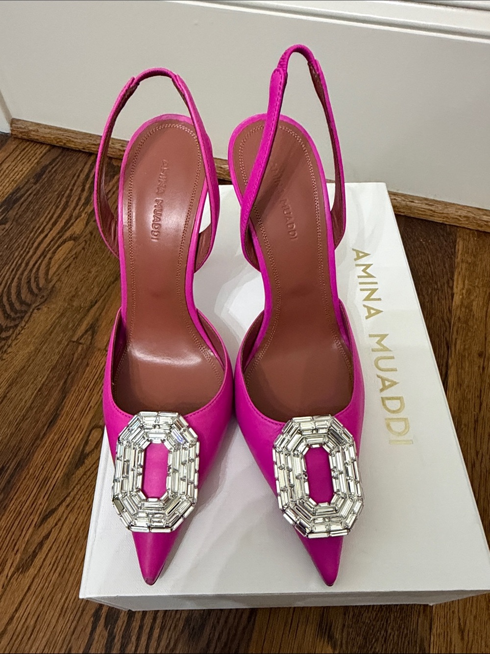 Amina Muaddi Hot Pink Slingback Pumps with Crystal Buckle